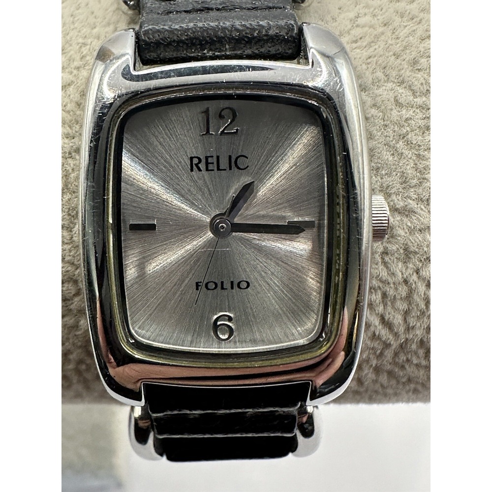 Relic Folio ZR33501 Womens Watch 21MM‎ 7.25" New Battery Black Leather Band V